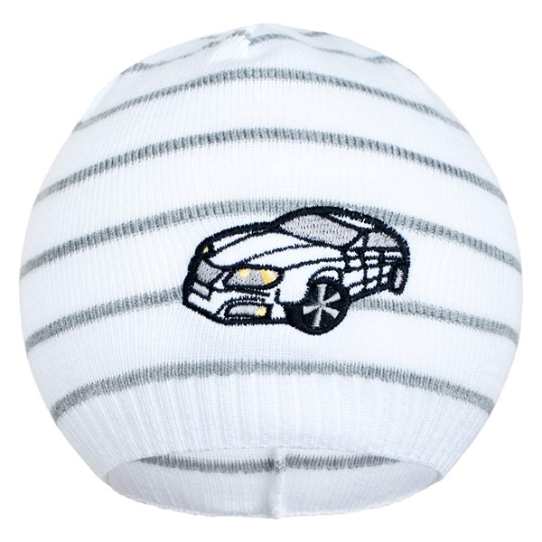 Wiosenna czapka z dzianiny New Baby samochód biało-grafitowa
