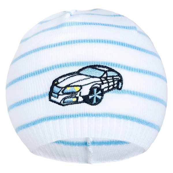 Wiosenna czapka z dzianiny New Baby samochód biało-niebieska