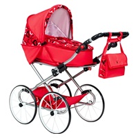 Retro wózek dla lalek 2w1 New Baby Elen czerwony z serduszkami