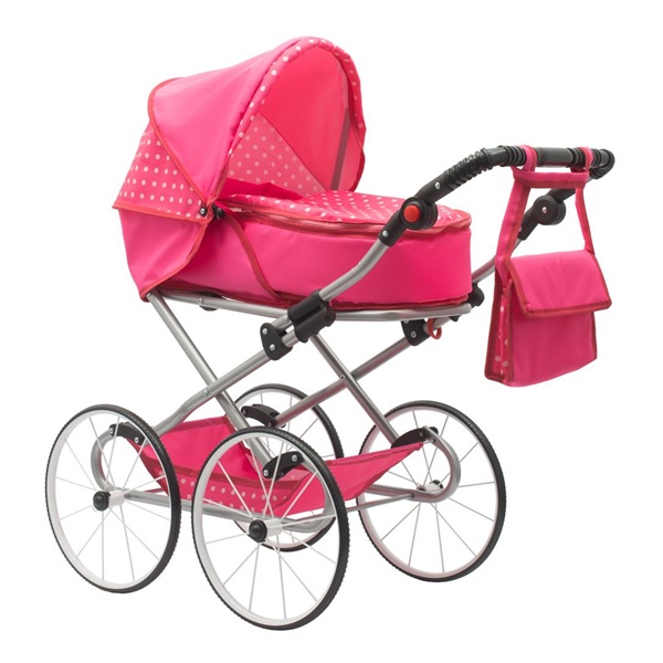 Retro wózek dla lalek 2w1 New Baby Anetka różowy w kropki