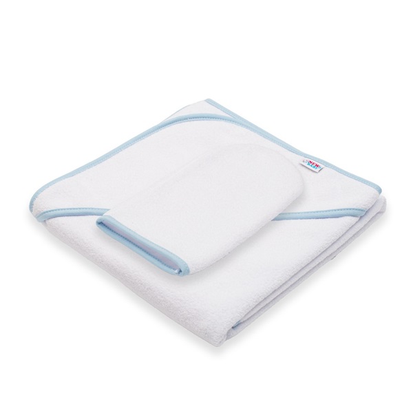 Okrycie kąpielowe frotte z kapturkiem New Baby BASIC 80x80 biało-niebieskie