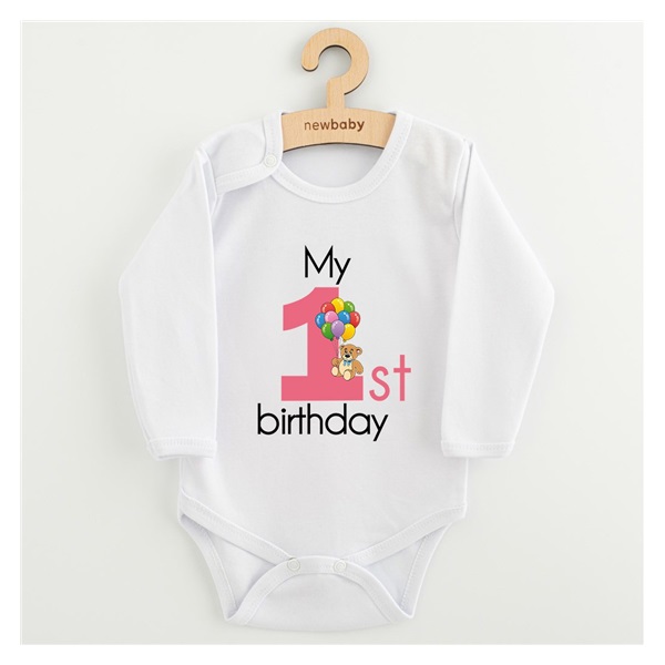 Body dziecięce z nadrukiem New Baby My first birthday pink