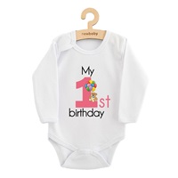 Body dziecięce z nadrukiem New Baby My first birthday pink