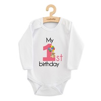 Body dziecięce z nadrukiem New Baby My first birthday pink