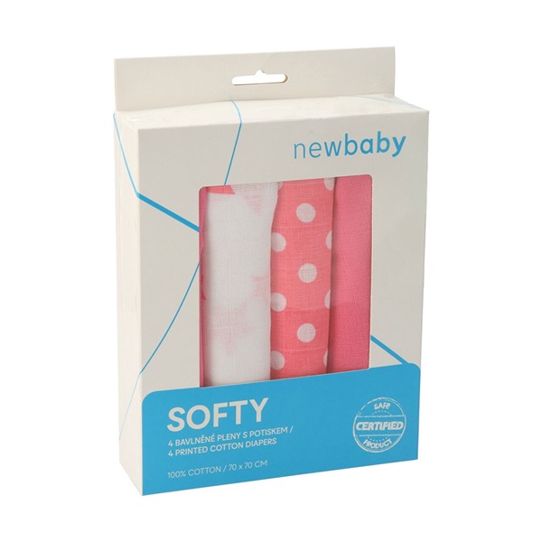 Pieluchy tetrowe New baby Softy z nadrukiem 70 x 70 cm 4 sztuki różowo-białe (uszkodzone opakowanie)