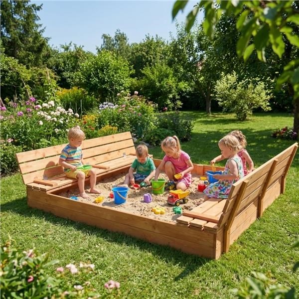 Piaskownica drewniana z ławkami zamykana Baby Mix 180x180 cm